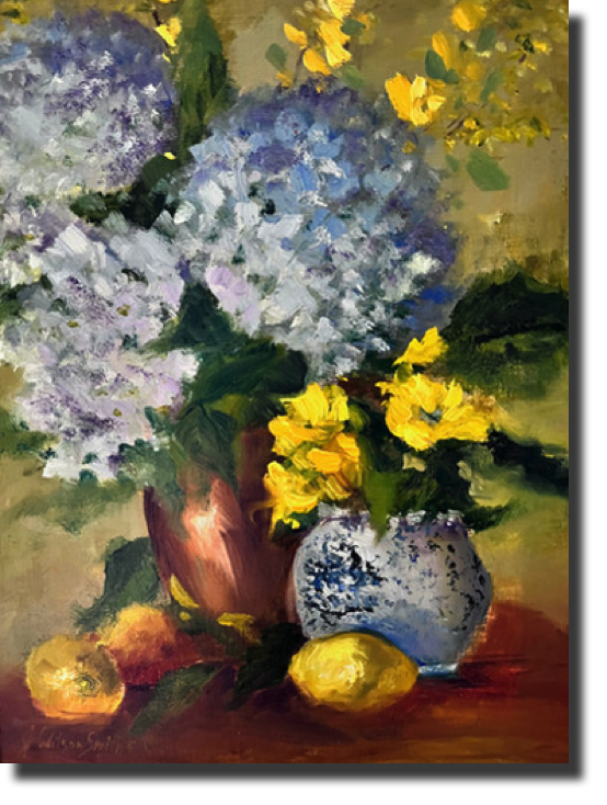 Blue Hydrangeas
Oil on Linen
23 h x 18w in, Framed $425